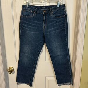 J. Crew jeans. Slim, broken-in boyfriend, unhemmed, size 30P. Leg hem is frayed.